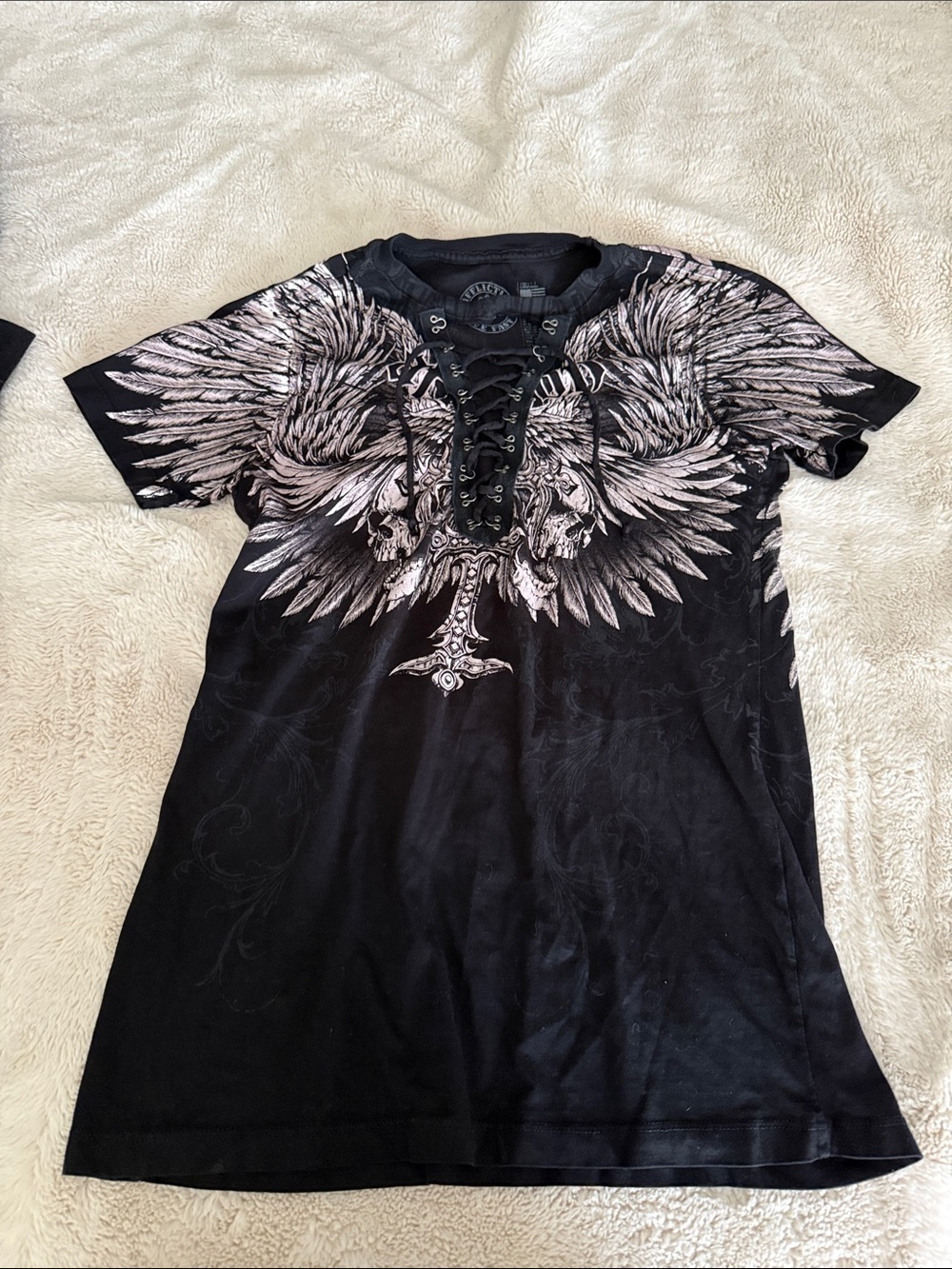 Affliction Black Lace-Up Wing Graphic Tee